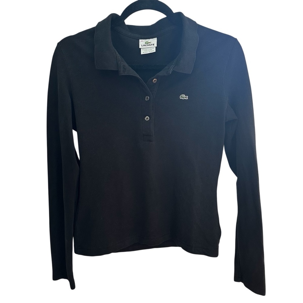 Lacoste Women's Size 42 Slim Fit Stretch Long Sleeve Polo Rugby Shirt Black